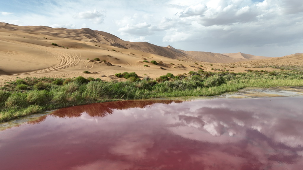 2024年7月30日在內(nèi)蒙古阿拉善盟阿拉善右旗拍攝的巴丹吉林沙漠中的紅海子（無人機照片）。新華社記者 貝赫 攝